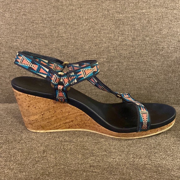 Teva Arabelle Wedge Sandal Nylon Velcro Strap Cork Heel Womens Size 9.5 - Picture 2 of 12